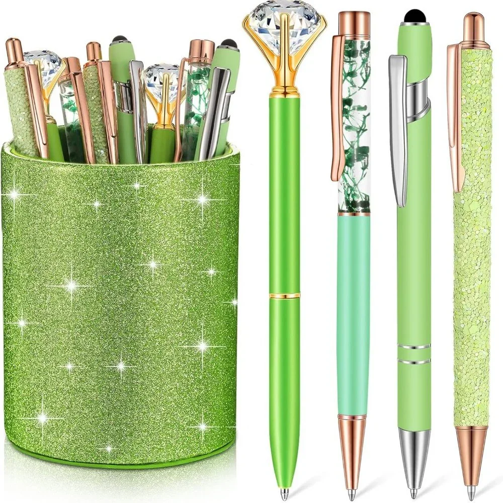NWT Sparkling Bling Glitter Cup With 8 Ballpoint Pen Set Desk Set + FREE Gift